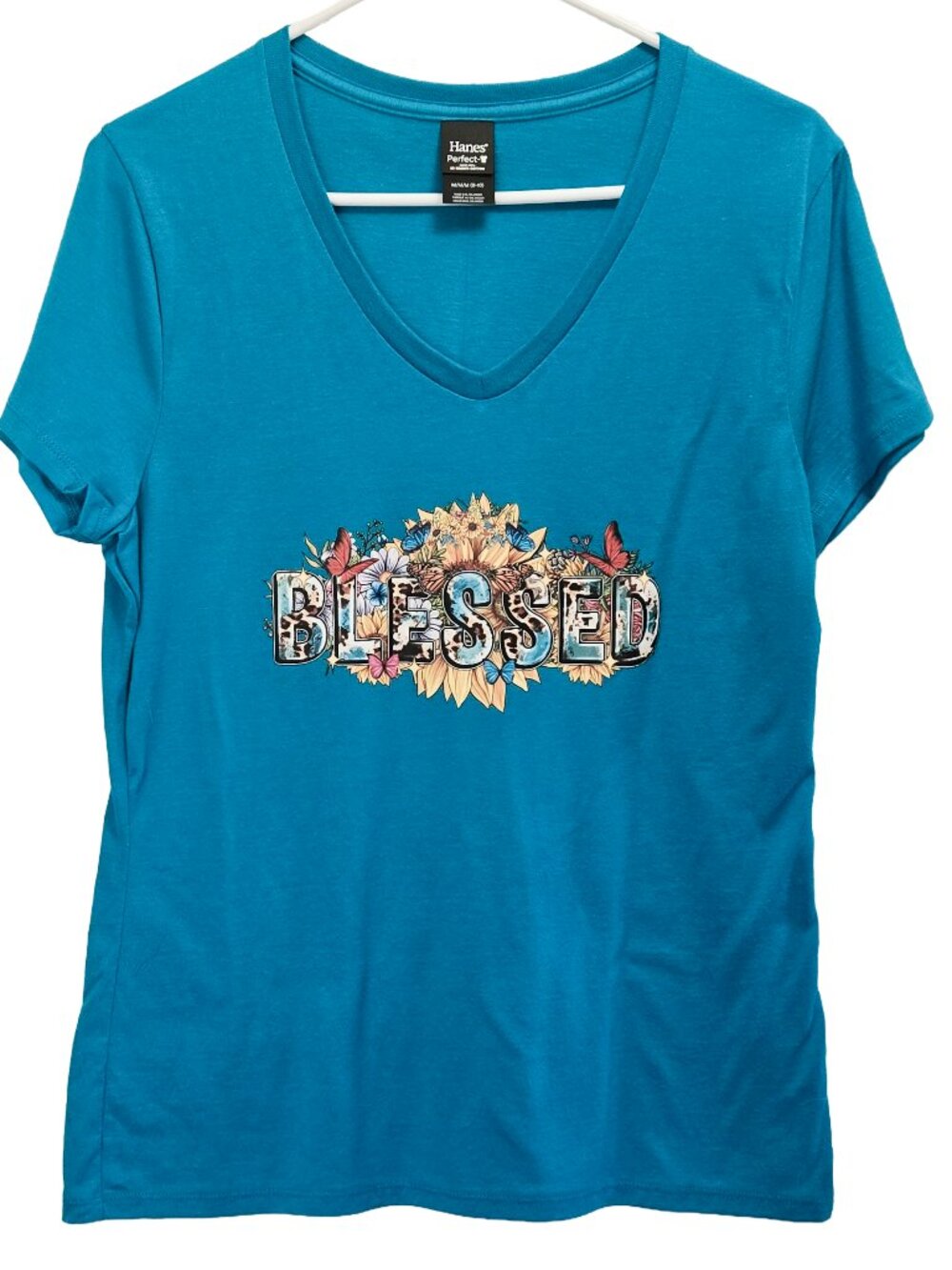 Hanes Perfect-T Teal V-Neck Floral Sunflower "Blessed" Graphic T-Shirt M 8-10